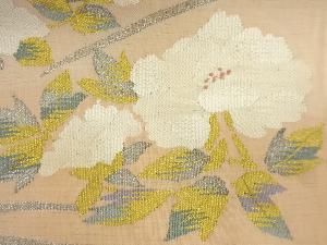 アンティーク　絽綴れ椿に牡丹模様織り出し名古屋帯